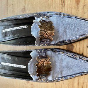 Donald Pliner Size 9N Chambray Lizard & Suede Mules with Pewter Buckle